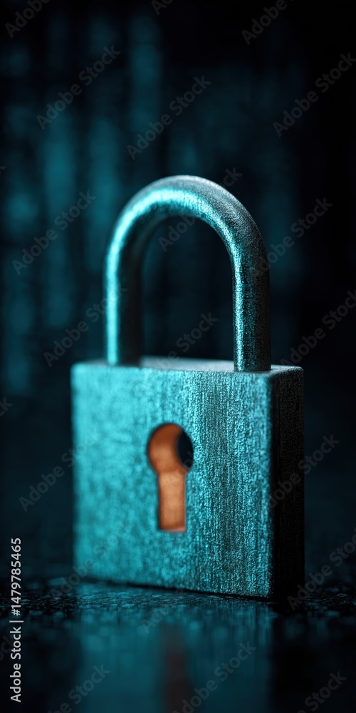 Poster a blue lock with a keyhole on it. the lock is surrounded by a blue background. the lock is a symbol 