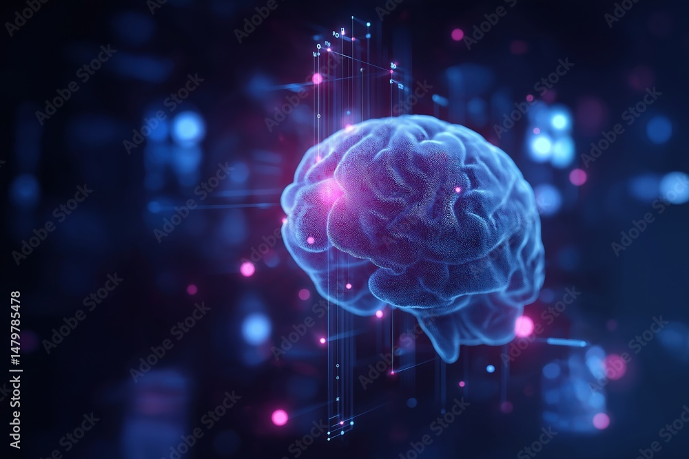 Poster a brain is shown in a computer generated image with a blue and purple color scheme. concept of techn