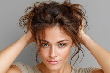 Fototapeta premium Woman with tousled hair holds her head while gazing confidently at the camera in a neutral-toned setting