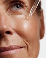 Close-up of woman applying serum to her face in a skincare routine during bright daylight