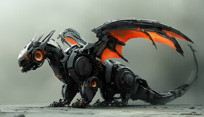 Fototapeta premium A robotic dragon, dark grey metal body with glowing orange wings, sits on a muted ground. Detailed mechanical design