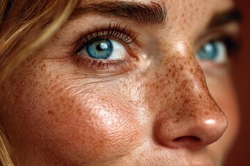 Fototapeta premium Close-up portrait of a woman showcasing vibrant blue eyes and delicate freckles in warm lighting