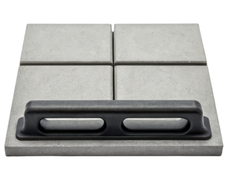 Hand tool for spreading grout on square grey tiles on a transparent background