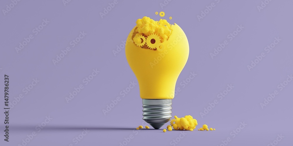 Poster a yellow light bulb with gears inside of it. the bulb is broken and the gears are scattered around i
