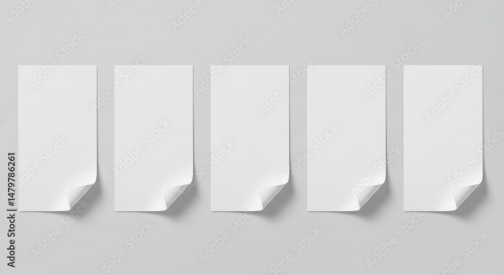 Poster minimalist display of five white paper sheets with curled corners on neutral backdrop