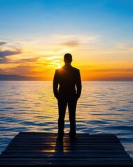 Businessman silhouette standing on dock looking at sunset over sea water horizon landscape contemplation inspiration
