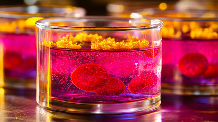 Colorful laboratory scene featuring vibrant gel-filled beakers with floating elements, showcasing scientific experimentation