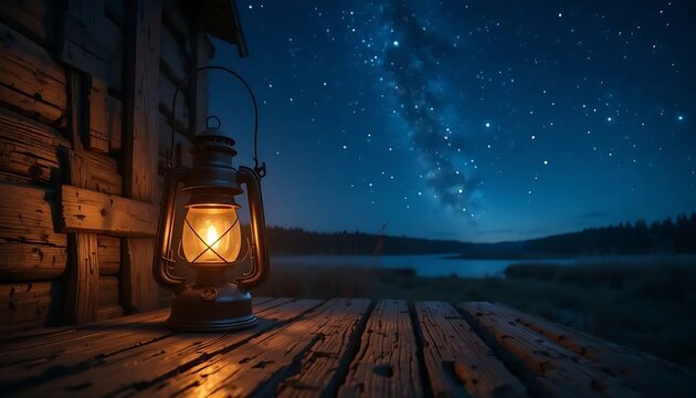 Glowing lantern illuminates rustic wooden cabin porch under starry night sky reflecting over lake