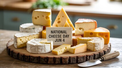 Assortment of delicious cheeses on a wooden platter celebrating national cheese day