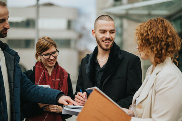 Business colleagues participate in a friendly and productive outdoor meeting, discussing important...