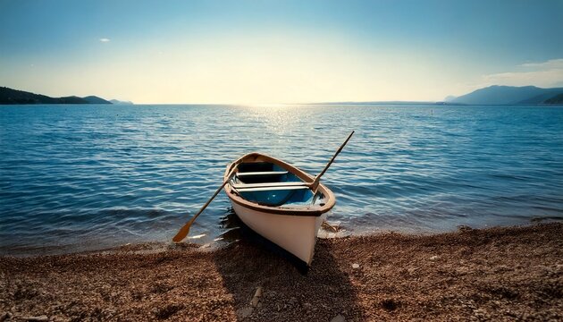 Un solitario bote con remos se encuentra en la orilla. Hermoso paisaje marino. Relajaci&oacute;n y relax junto al agua.