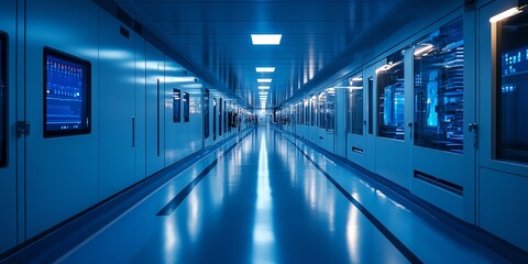 Fototapeta premium the world s deepest underground microchip lab, bright sterile corridors lined with highprecision nano machines, glowing interface panels and suspended robotic modules