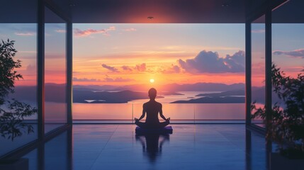 Fototapeta premium Serene Meditation with Scenic Sunset View from Modern Glass Room Overlooking Calm Water and Mountains in Tranquil Environment