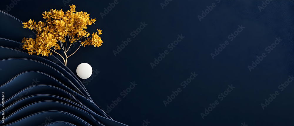 Poster abstract golden tree minimalist design with dark blue background