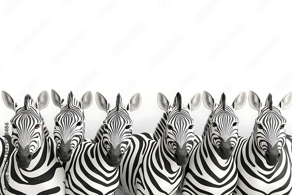 Poster group of stylized zebras lined up against a white background, creating a striking visual effect