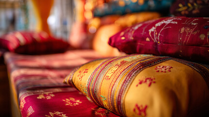 Decorative pillows arrangement in bohemian style with rich colors and unique patterns design