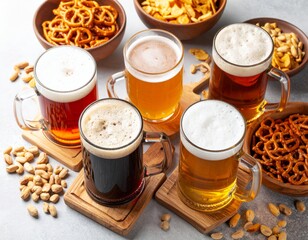 Four frothy beers amber, lager, stout, golden ale&mdash;with pretzels and peanuts on rustic wooden trays.