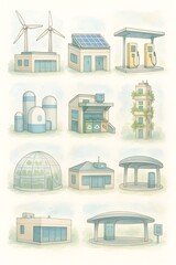 Obraz premium Eco Facility Icons – Wind Turbine Plant, Solar Workshop & EV Station