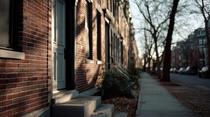 Late afternoon light casts a warm glow on a quiet urban street, with brick buildings and bare trees lining the nostalgic scene.