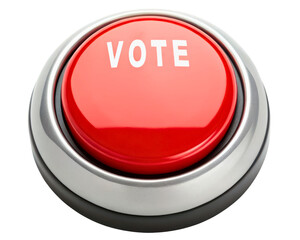 Bright red circular vote button with silver trim on a transparent background