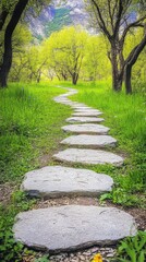 Obraz premium Serene stone path winds through lush green forest landscape leading to distant mountain view scenic nature background