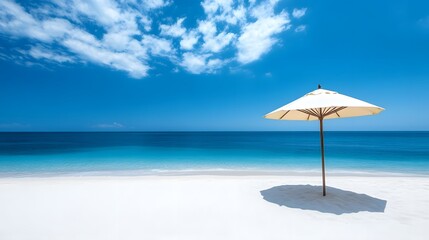 Fototapeta premium Serene Beach Scene with White Umbrella and vibrant Clear Blue Sky