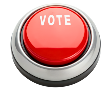 Bright red circular vote button with silver trim on a transparent background