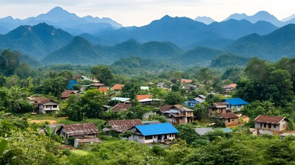 Fototapeta premium Lush valley nestled amidst majestic mountain range.