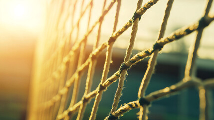 Close up view of a soccer goal net with sunlight shining through the mesh sports equipment