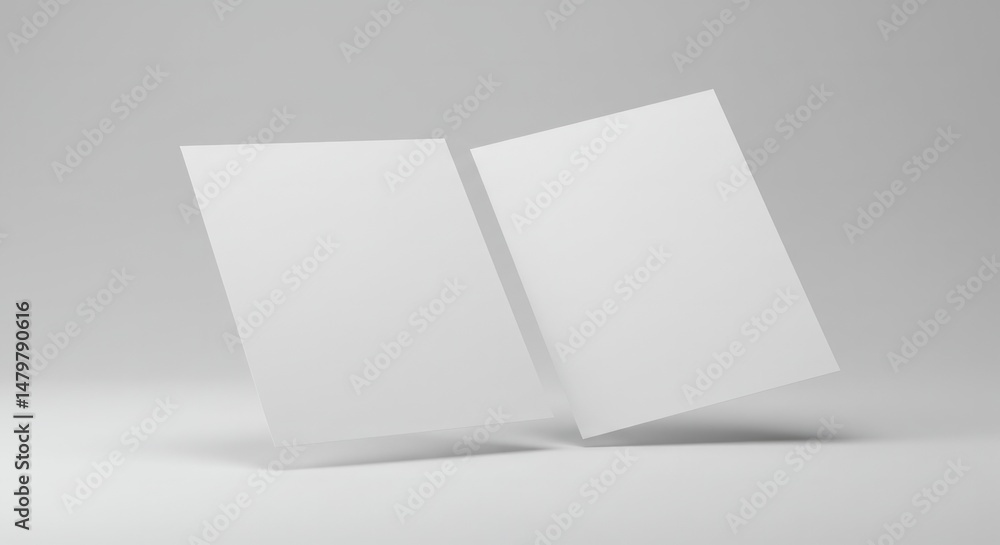 Poster minimalist presentation: two floating white papers in a clean studio setting