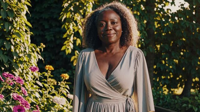 Middle aged African woman in a white dress stands in a blooming garden. She has curly hair and is smiling, embodying wellness and confidence during menopause. Women health