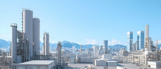Naklejka premium Panoramic View Of Modern Industrial Complex With Cityscape Background