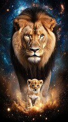 Fototapeta premium A powerful and regal lion stands tall its gaze piercing the cosmos while a small cub nestles beneath its protective presence