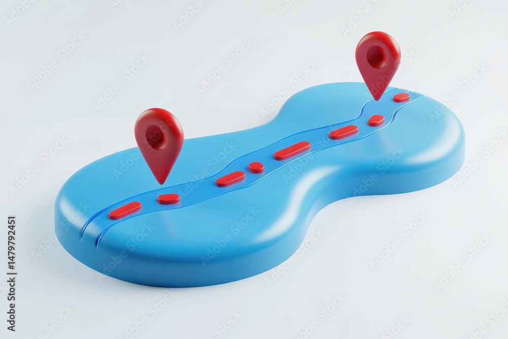 Poster abstract 3d render of a journey route map with location pins showing a path between two points