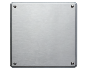 Blank square brushed metal plaque with four rivets on a transparent background