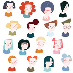 Set of young and old, female and male character portraits with different hairstyles and hair color