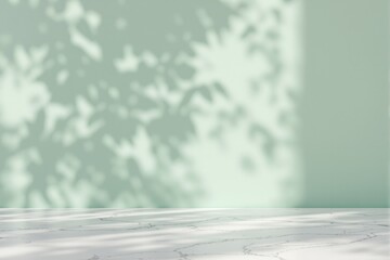 Soft leaf shadows on light green wall with marble floor, minimalist creative background, natural sunlight concept, calm and serene atmosphere. Ai generative