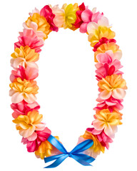 Vibrant multicolored floral lei with a blue satin bow on a transparent background