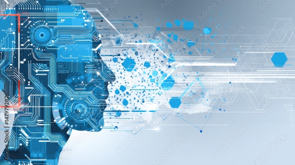 Poster abstract blue digital circuit and technology landscape representing the evolution of intelligence da