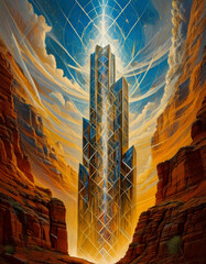 futuristic city, vertical architecture, mountain valley, glowing tower, dramatic landscape, science fiction, isolated structure, surreal environment, towering spire, advanced civilization, wilderness,