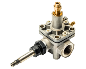 Industrial metal valve with brass fittings and black knob on a transparent background