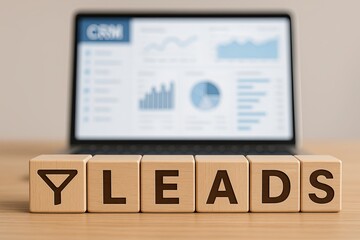Wooden cubes forming 'LEADS' with funnel icon cutout, laptop and CRM dashboard blurred behind