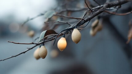 Unripe lemons dangle on fragile branches, kissed by the soft light of a crisp morning, amidst a tranquil backdrop.