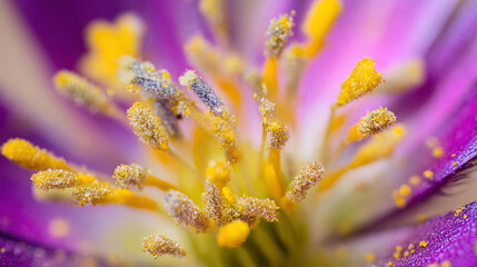 Obraz premium Close up photography of a purple flower with yellow pollen and stamen floral macro detail