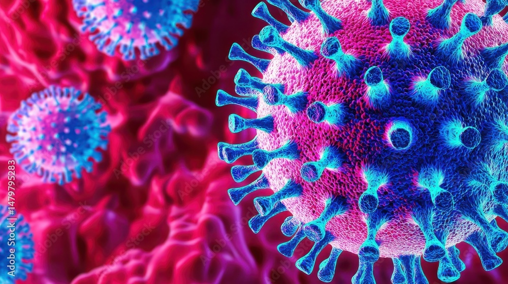 Poster detailed microscopic image showing the intricate structure of a virus cell revealing its complex and