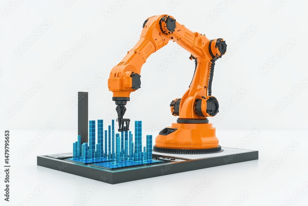 Poster orange robotic arm manipulating digital data graph on a platform