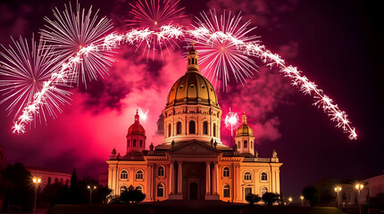 Bulgaria Liberation Day Celebration – Sofia Cathedral Illuminated by Fireworks and Tricolor Flags (Generative AI)