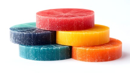 Stack of colorful round wax discs on a white background