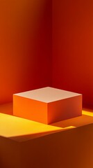 Fototapeta premium Minimalist geometric composition featuring a stark orange cube casting dramatic shadows on warm gradient background, exploring light and form