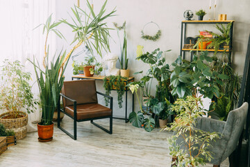 A fragment of the interior with a variety of indoor plants and plaster sculptures. Urban jungle concept. Biophilia design.